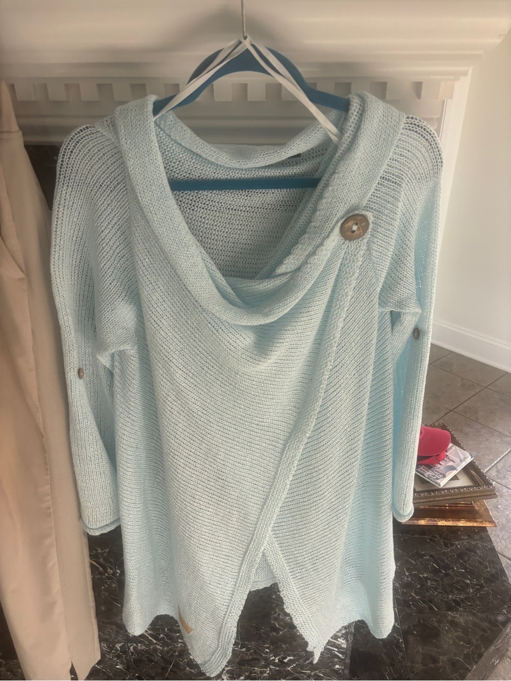 Light Blue Cowl-Neck Knit Sweater with Button Accent